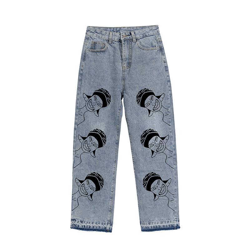 ANIME PRINT HIGH WAIST WASHED DENIM JEANS