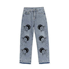 ANIME PRINT HIGH WAIST WASHED DENIM JEANS