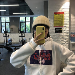 ANIME PRINT LETTERS WHITE HOODED OVERSIZED SWEATSHIRT