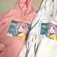 Anime Screenshot Meme Hooded Loose White Pink Sweatshirt