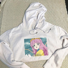 Anime Screenshot Meme Hooded Loose White Pink Sweatshirt