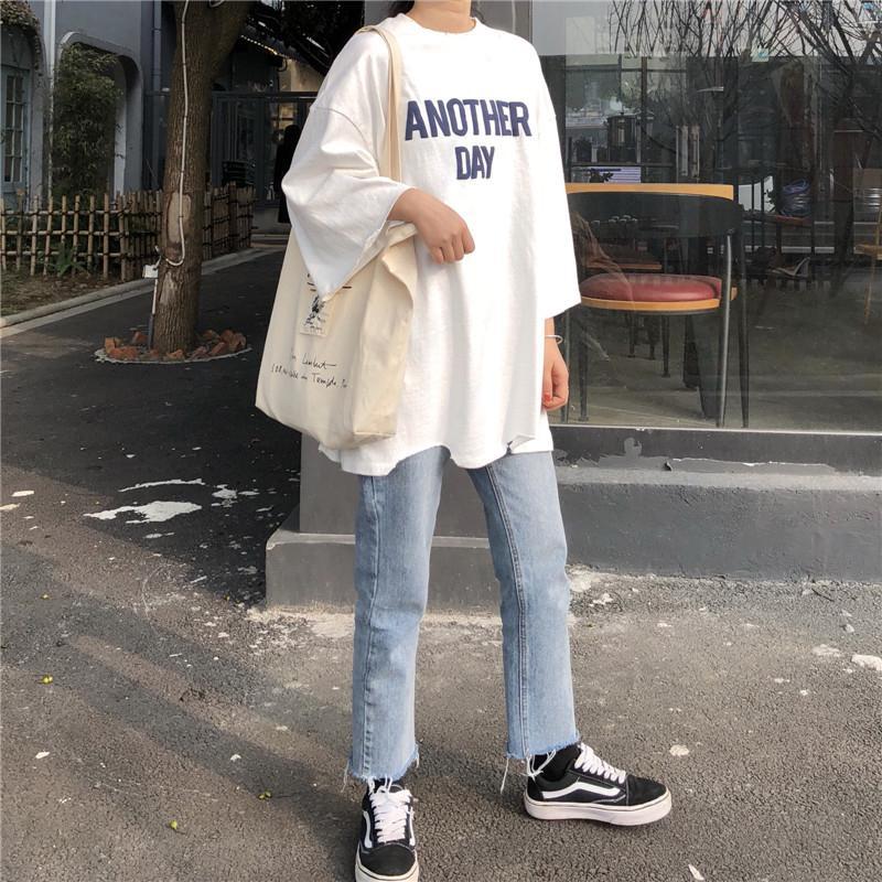 Another Day Oversized Letters Long Cotton T-Shirt