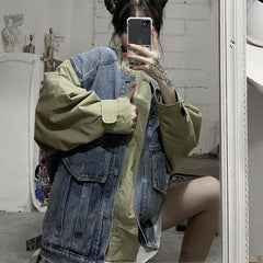 Army Green Black Denim Stitched Oversized Jacket