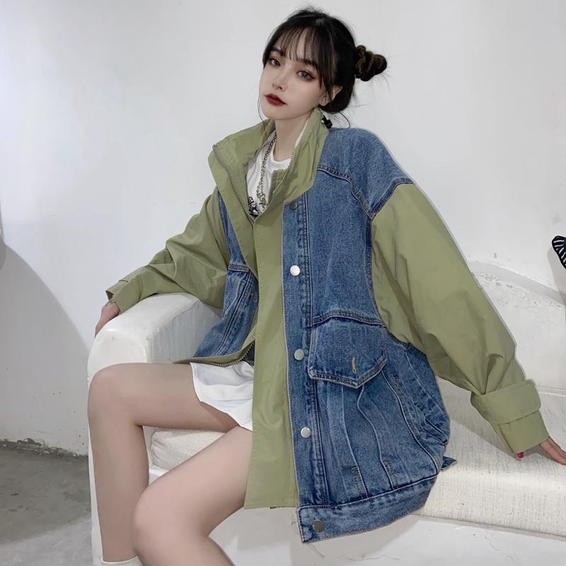 Army Green Black Denim Stitched Oversized Jacket