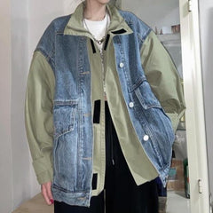 Army Green Black Denim Stitched Oversized Jacket