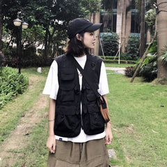 Army Green Black Korean Aesthetic Cargo Vest