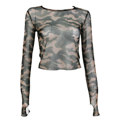 Army Green Military Transparent Gauze Long Sleeve Crop Top