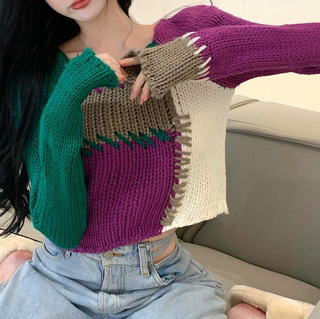 Art Hoe Color Block Contrast Stitch Knit Cropped Sweater