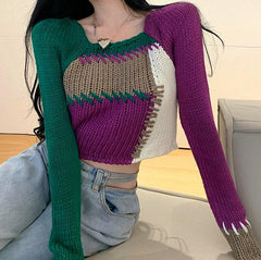 Art Hoe Color Block Contrast Stitch Knit Cropped Sweater