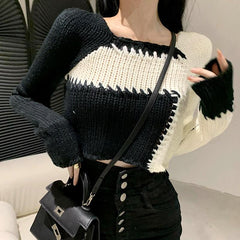 Art Hoe Color Block Contrast Stitch Knit Cropped Sweater