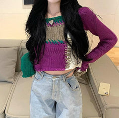 Art Hoe – Kurzer Strickpullover mit Farbblockdesign und Kontraststichen 