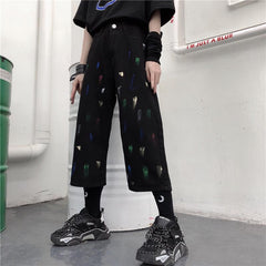 Art Hoe Paint Strokes Print Denim Cropped Loose Pants