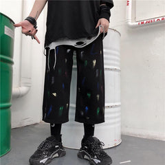 Art Hoe Paint Strokes Print Denim Cropped Loose Pants