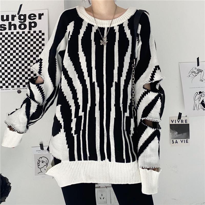 Art Monochrome Design Pattern Knit Ripped Loose Sweater