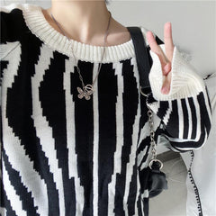 Art Monochrome Design Pattern Knit Ripped Loose Sweater