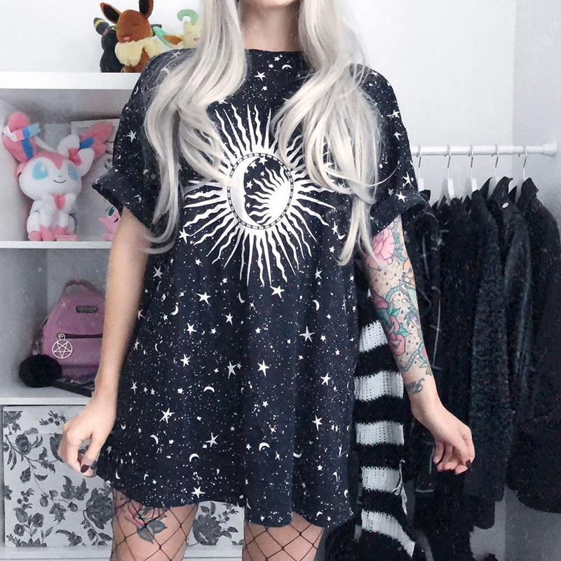 Astrological Sun Moon Black Oversized T-Shirt