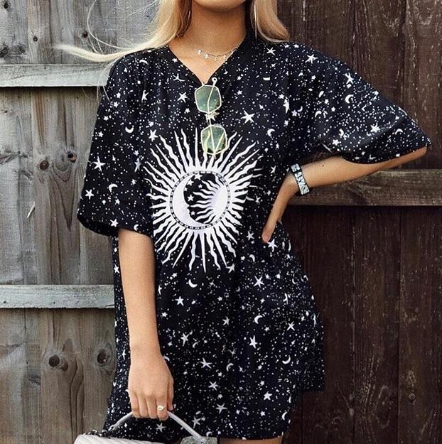 Astrological Sun Moon Black Oversized T-Shirt