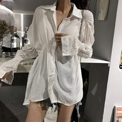 Asymmetric Elastic Band Loose Thin Shirt