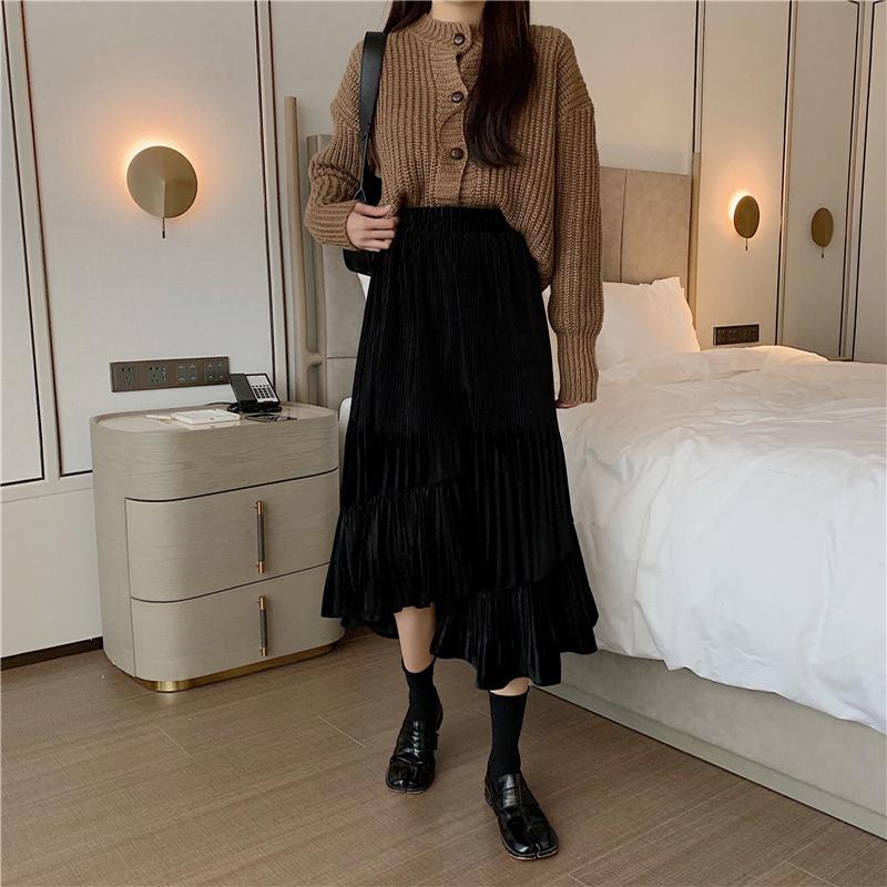 Asymmetric High Elastic Waist Pleated Long Skirt