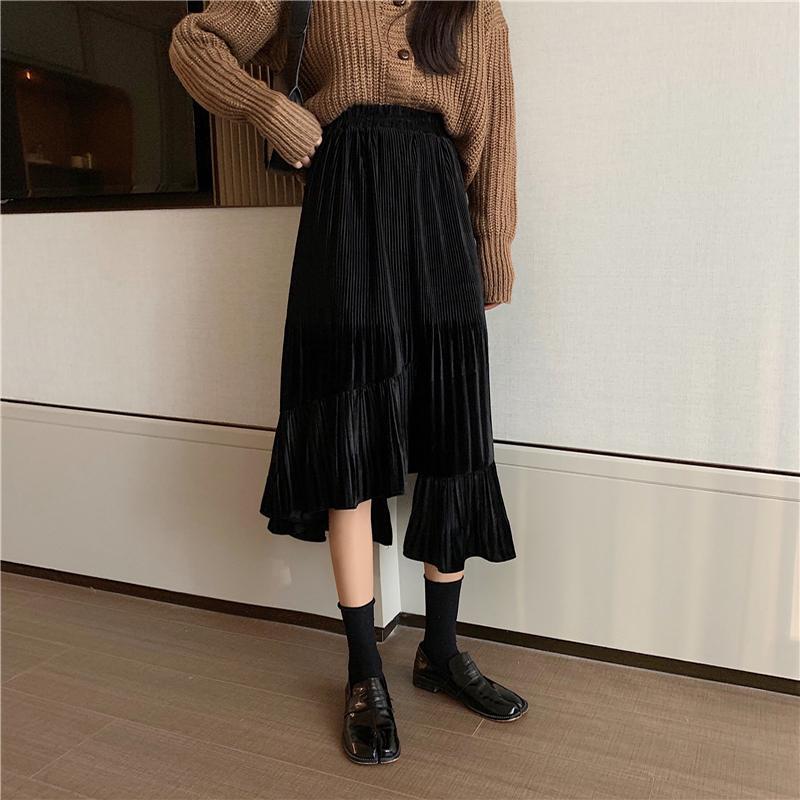 Asymmetric High Elastic Waist Pleated Long Skirt