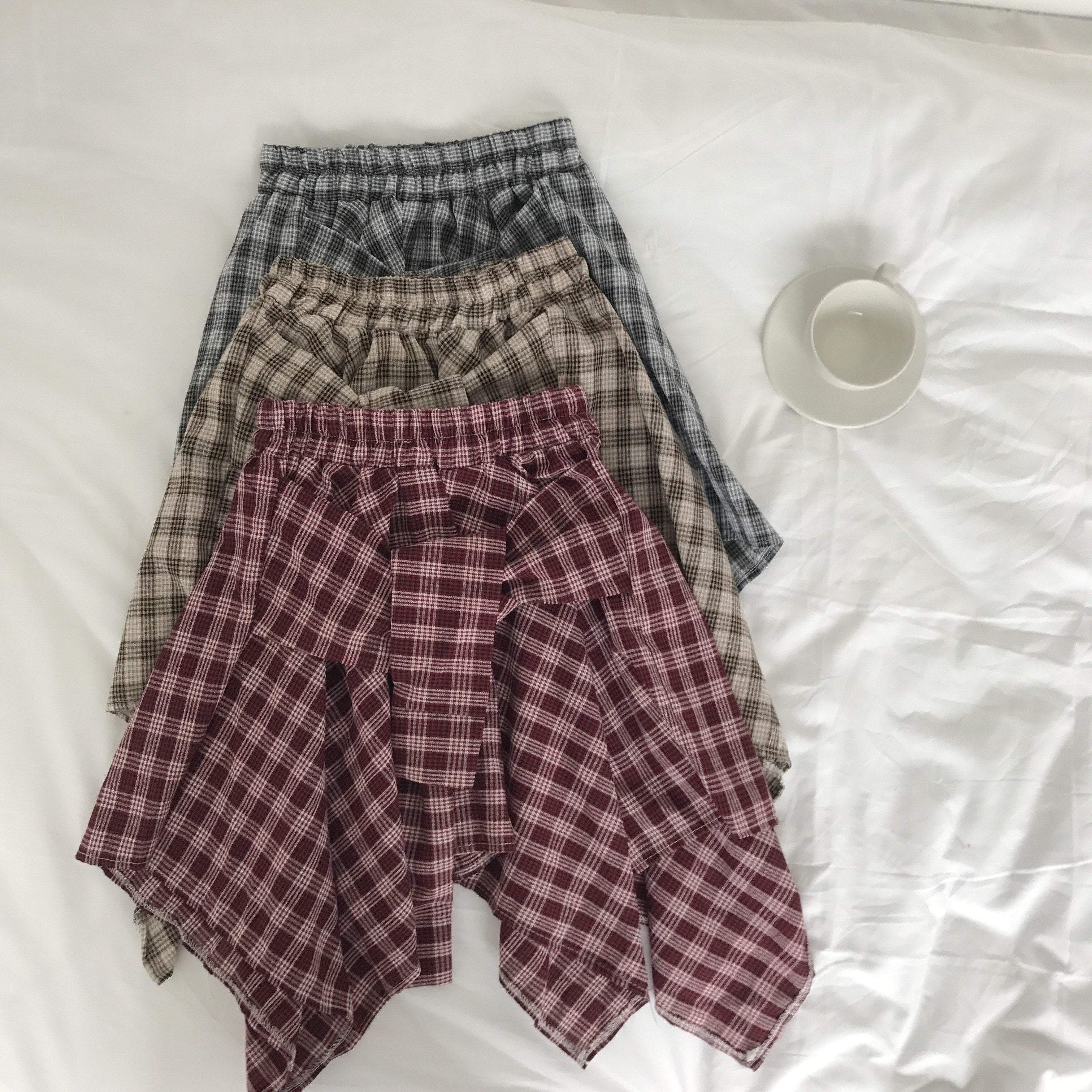 Asymmetric Plaid Elastic Waist Skirts