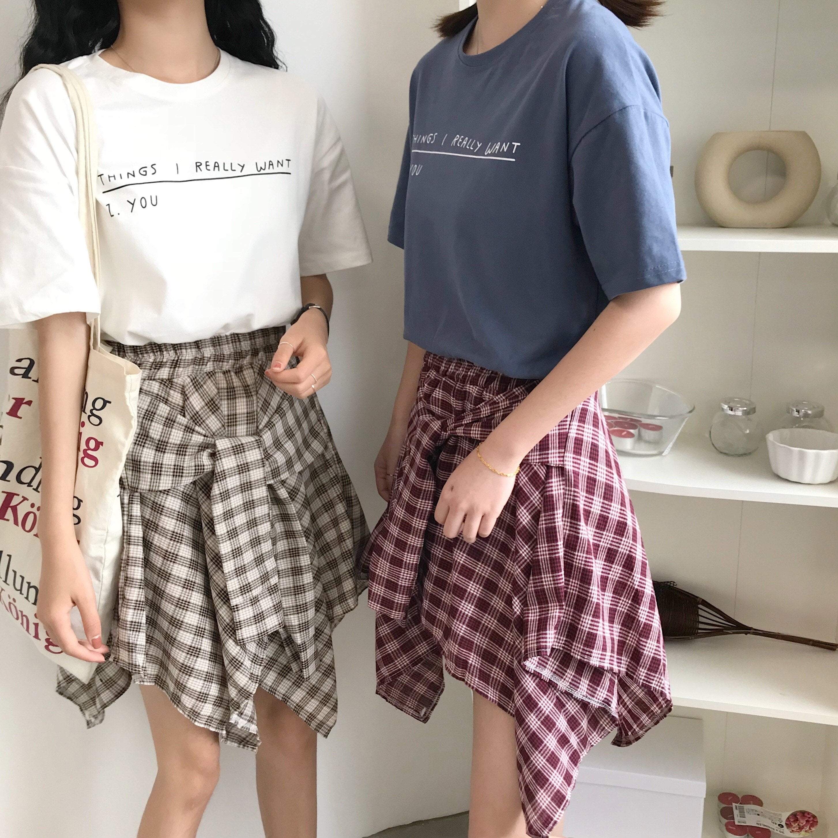 Asymmetric Plaid Elastic Waist Skirts