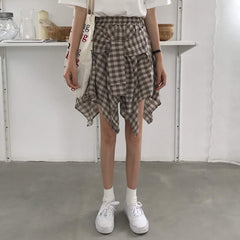 Asymmetric Plaid Elastic Waist Skirts