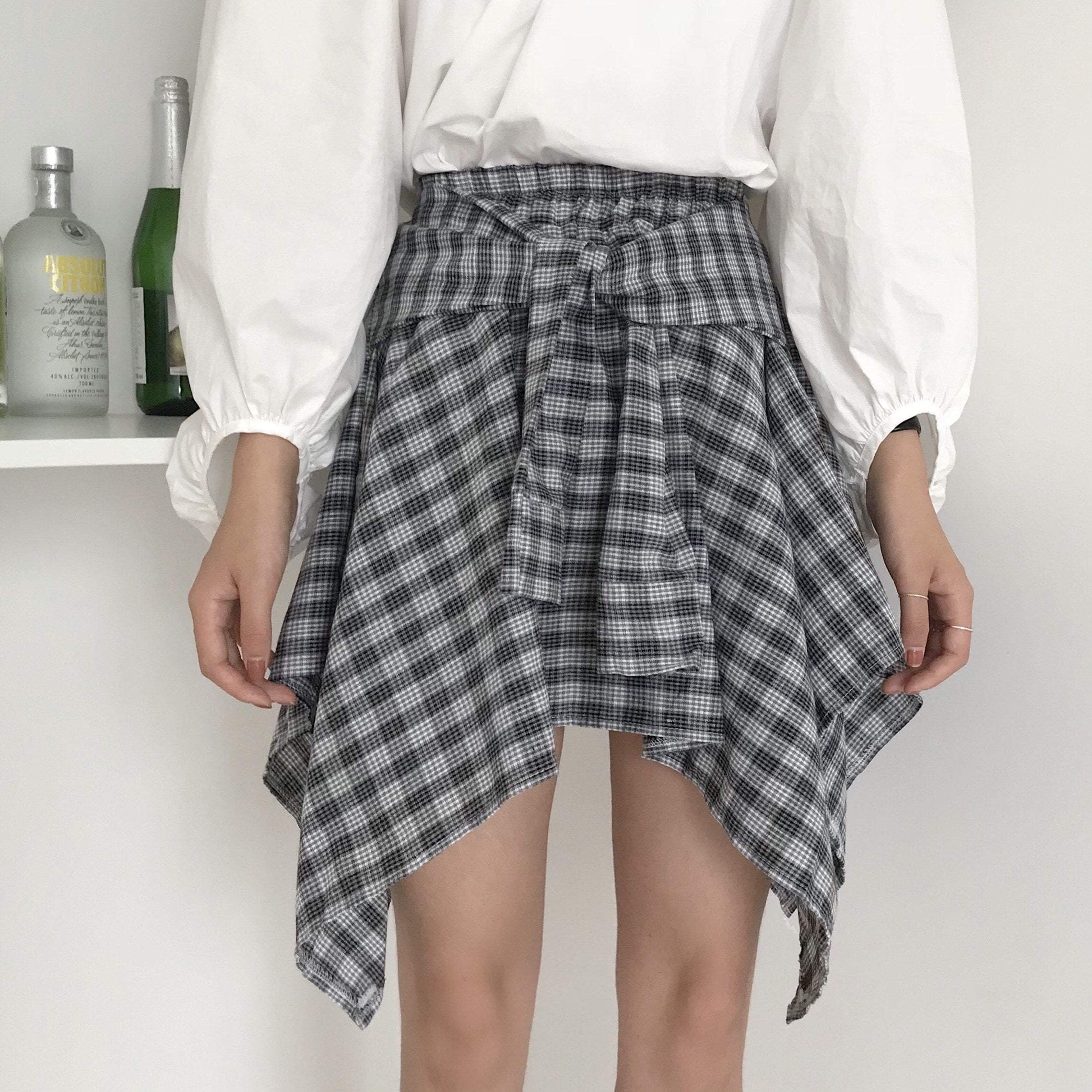 Asymmetric Plaid Elastic Waist Skirts