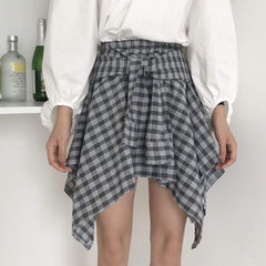 Asymmetric Plaid Elastic Waist Skirts