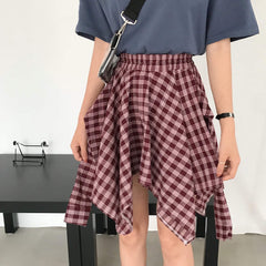 Asymmetric Plaid Elastic Waist Skirts