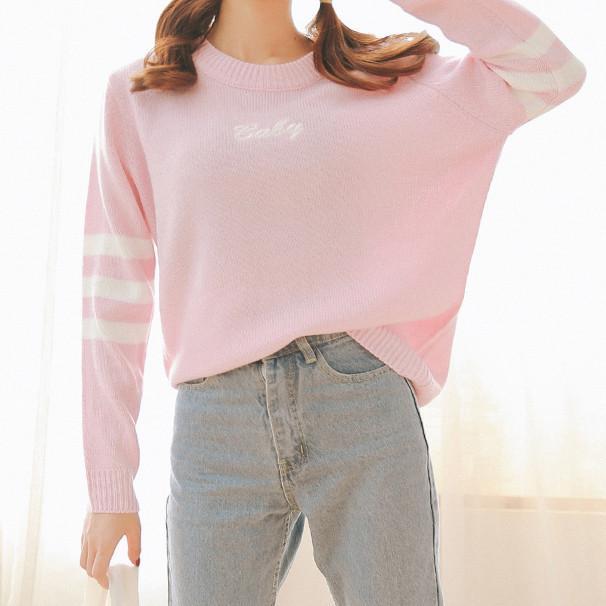 Baby Letter Striped Sleeve Loose Sweater