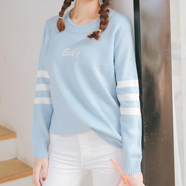 Baby Letter Striped Sleeve Loose Sweater