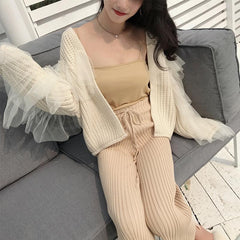 Back Chiffon Knit Beige Front Buttons Cardigan