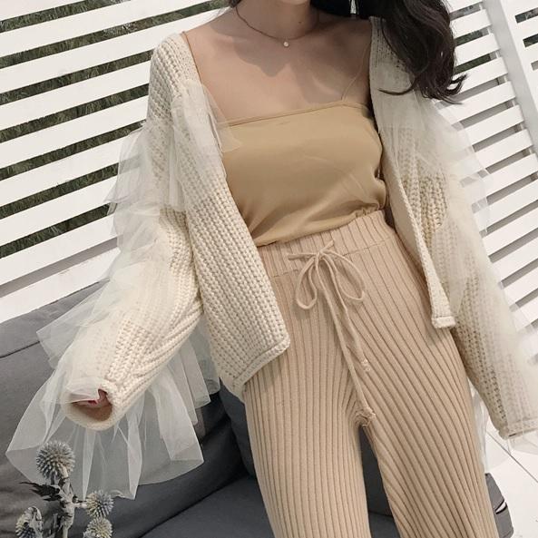 Back Chiffon Knit Beige Front Buttons Cardigan