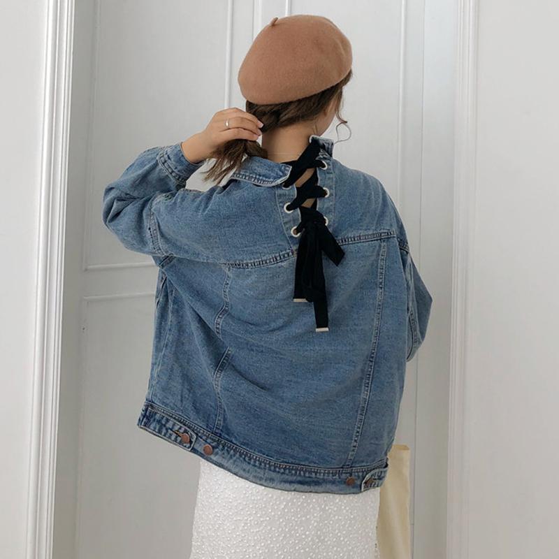 Back Laceup Denim Casual Loose Retro Blue Jacket