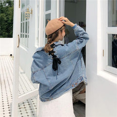 Back Laceup Denim Casual Loose Retro Blue Jacket