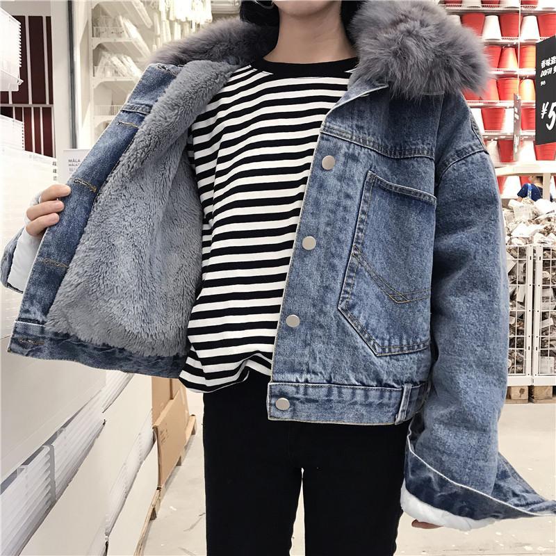 Back Pockets Denim Velvet Inside Faux Fur Hood Jacket