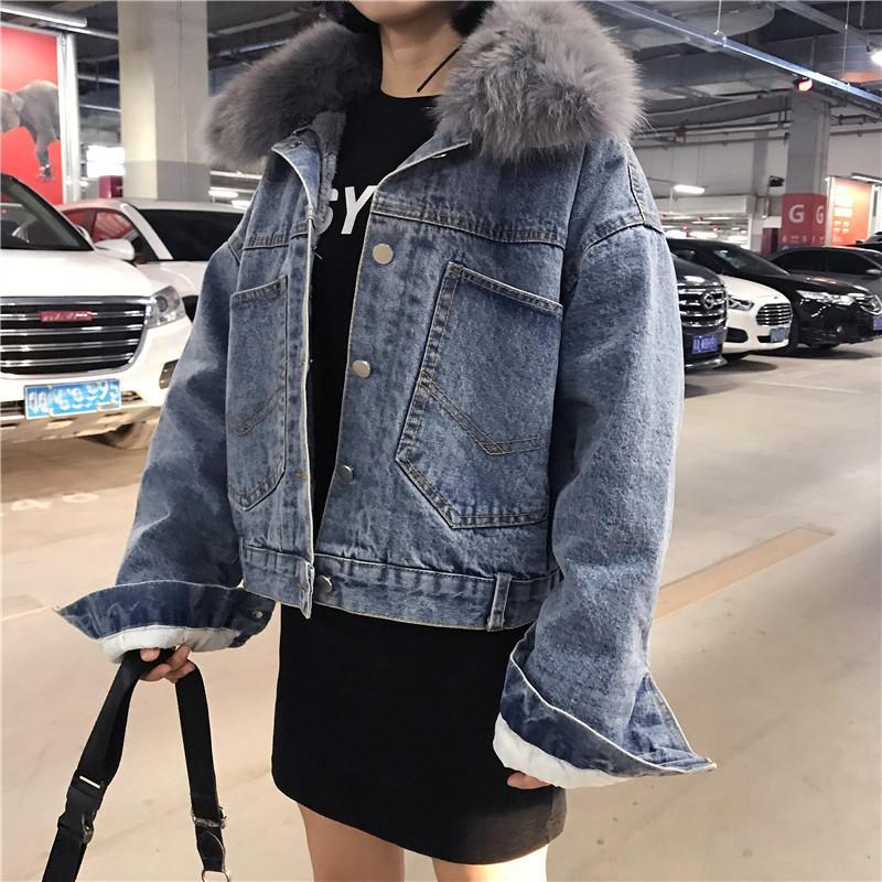 Back Pockets Denim Velvet Inside Faux Fur Hood Jacket