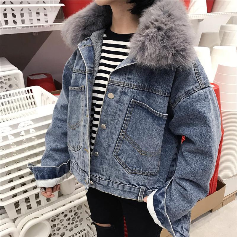 Back Pockets Denim Velvet Inside Faux Fur Hood Jacket