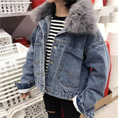 Back Pockets Denim Velvet Inside Faux Fur Hood Jacket