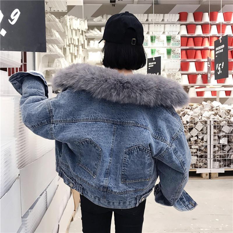 Back Pockets Denim Velvet Inside Faux Fur Hood Jacket