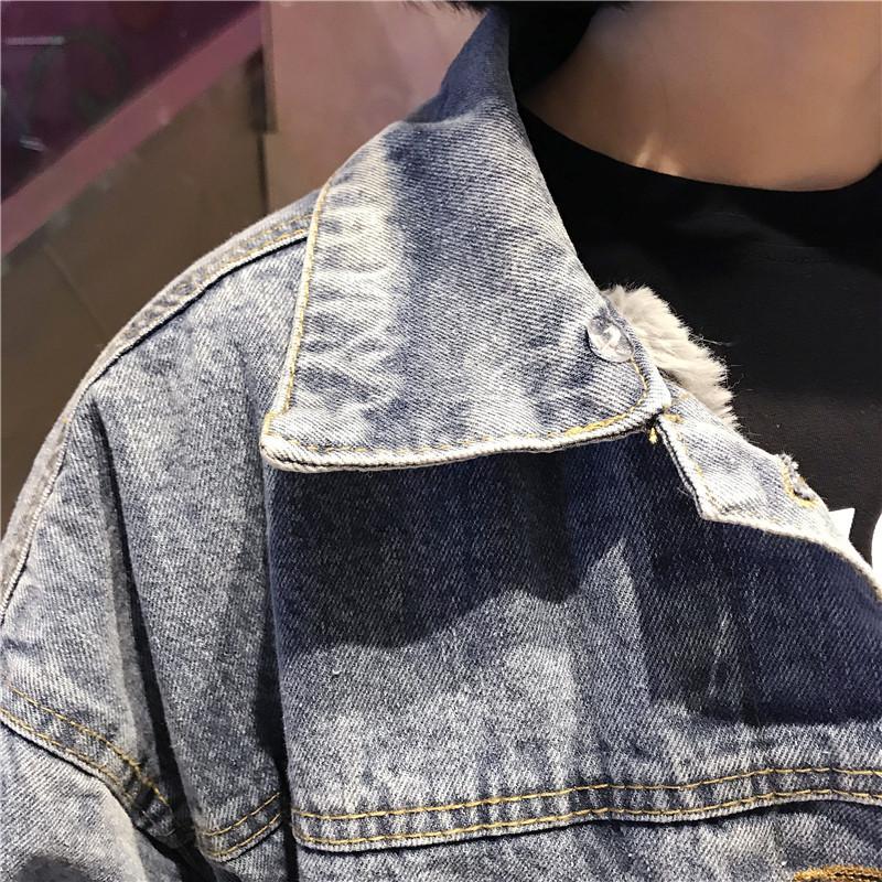 Back Pockets Denim Velvet Inside Faux Fur Hood Jacket