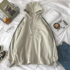 Back Print Sleeves Side Lines Cream Black Sporty Hoodie