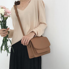 Basic Beige Black Leather Pu Flap Crossbody Bag