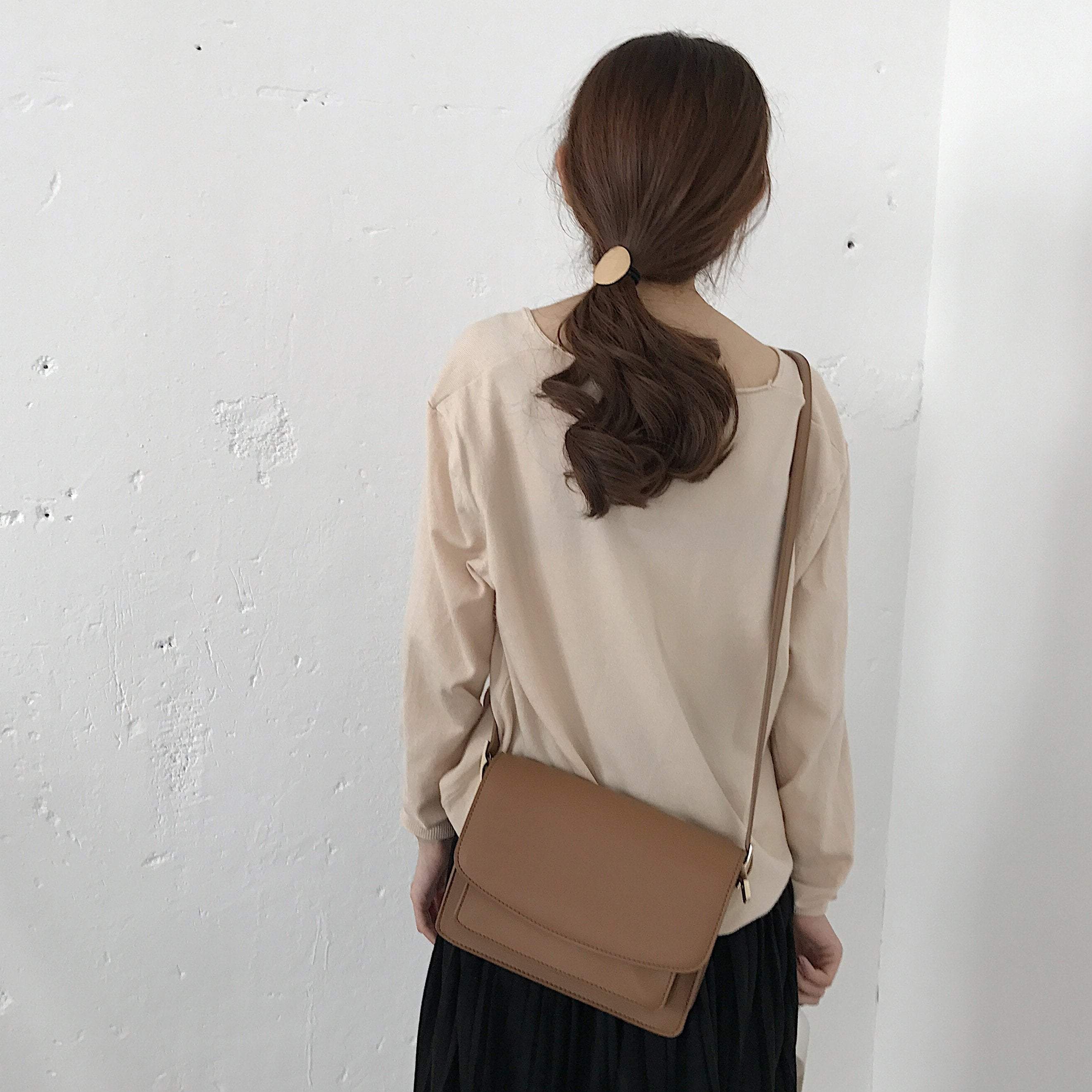 Basic Beige Black Leather Pu Flap Crossbody Bag