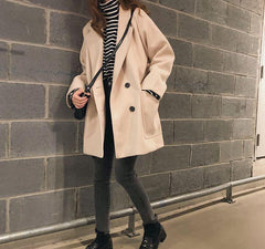 Basic Beige Black Oversized Woolen Coat Jacket