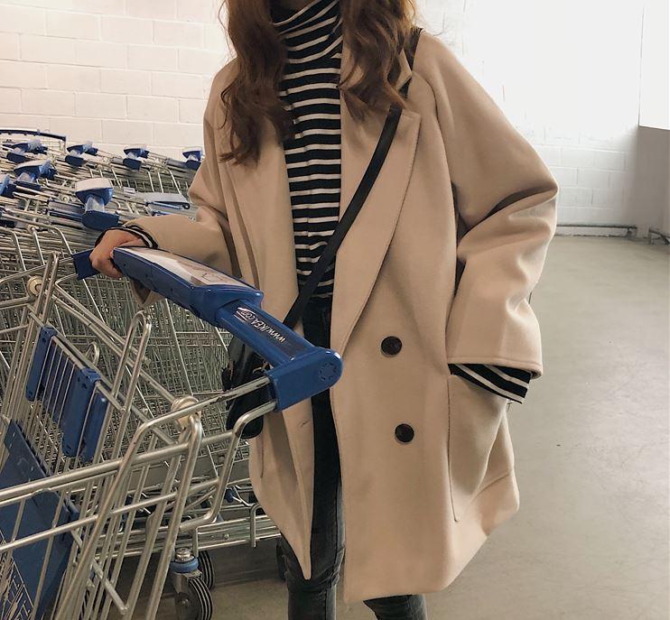 Basic Beige Black Oversized Woolen Coat Jacket