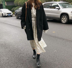 Basic Beige Black Oversized Woolen Coat Jacket