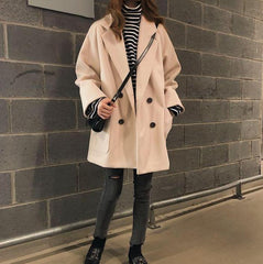 Basic Beige Black Oversized Woolen Coat Jacket