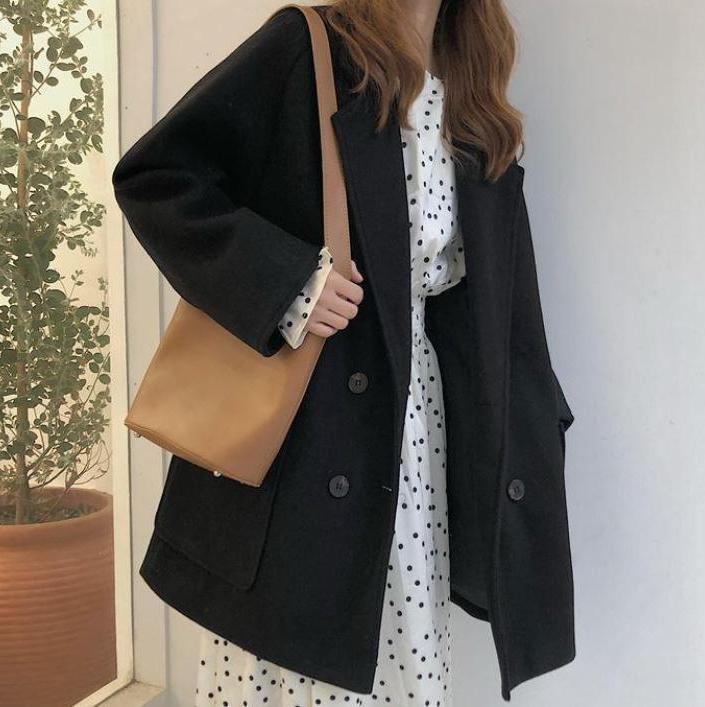 Basic Beige Black Oversized Woolen Coat Jacket